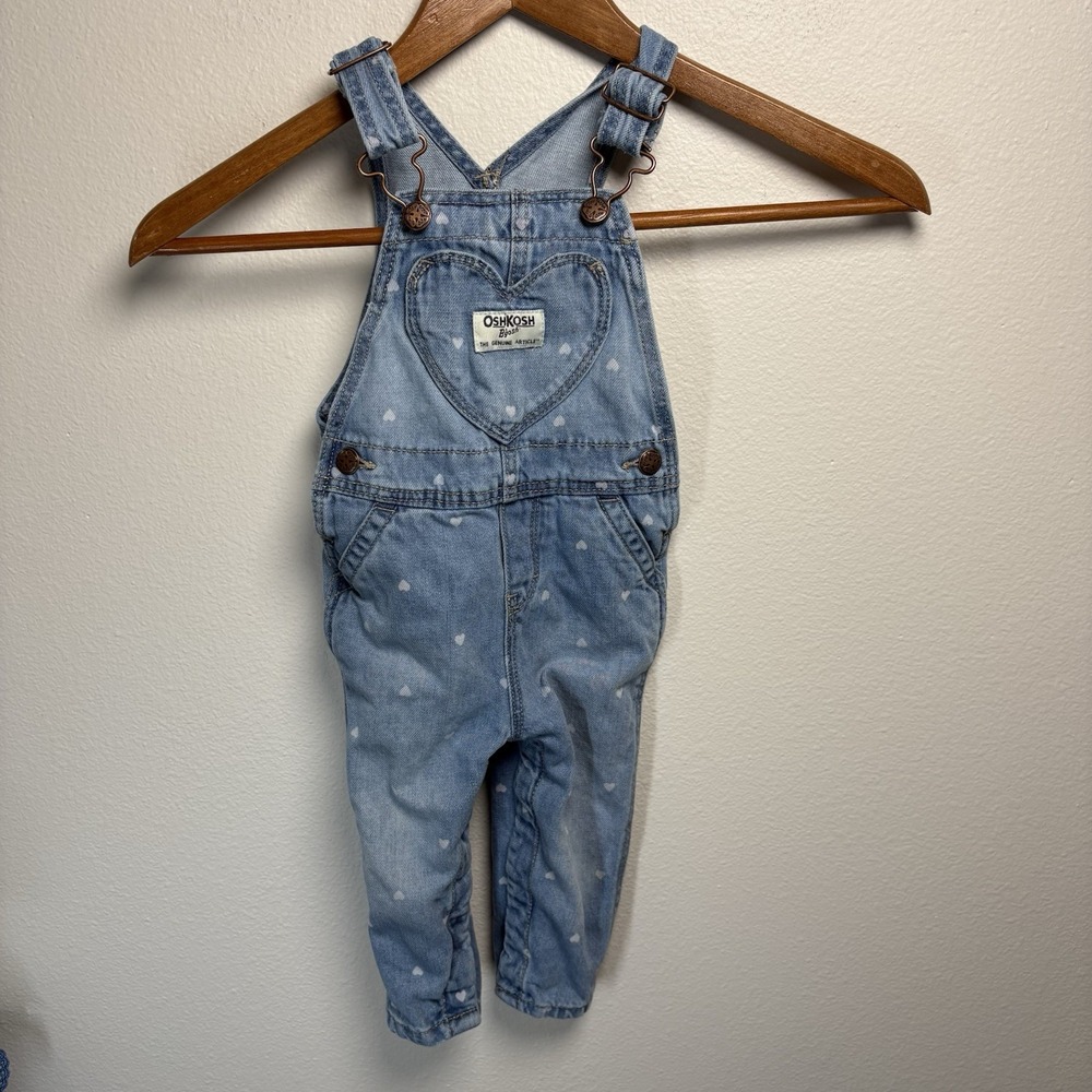 OshKosh B'gosh Baby Girl 12M Blue Denim Overalls Heart Print 100% Cotton